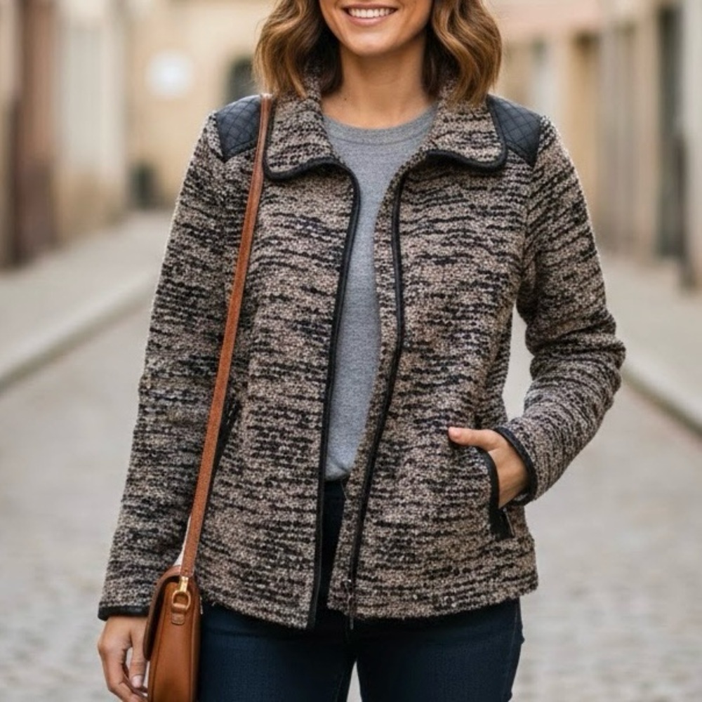 Alia Textured Boucl Wool Full Zip Sweater Jacket Faux Leather Trim Boho